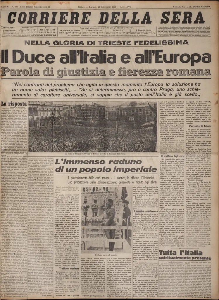 Prima pagina del ”Corriere della Sera”, 18 settembre 1938 > coll. BC Hortis