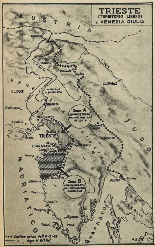 Mappa della divisione del TLT in Zona A e B pubblicata su “Il Piccolo” 1954 > coll. BC Hortis