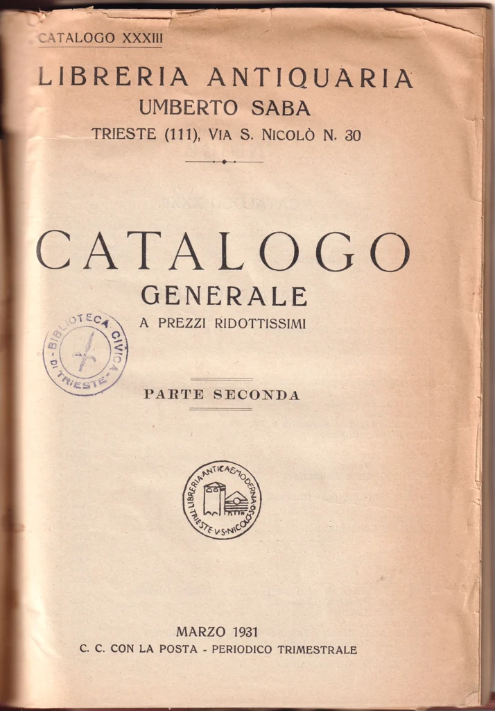 Libreria Antiquaria Umberto Saba. Catalogo generale, 1931 > coll. BC Hortis