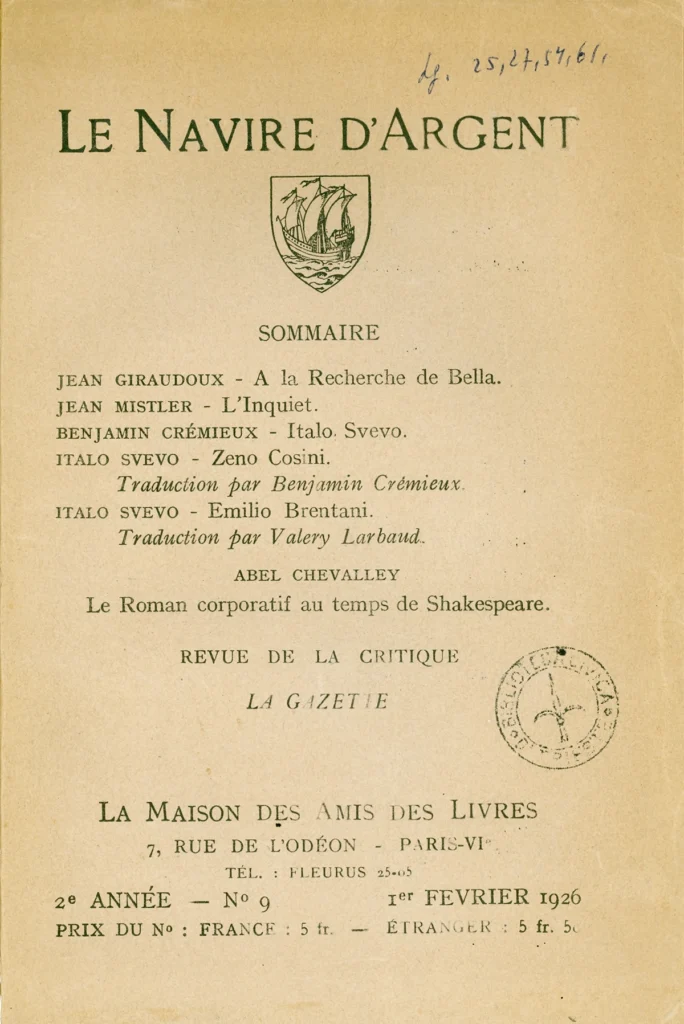 Numero monografico dedicato a Svevo de “Le Navire d'argent. Revue mensuelle de littérature et de culture générale”, Paris, La Maison des Amis des livres, A. 2., n. 1, 9 février 1926 > MS – Biblioteca