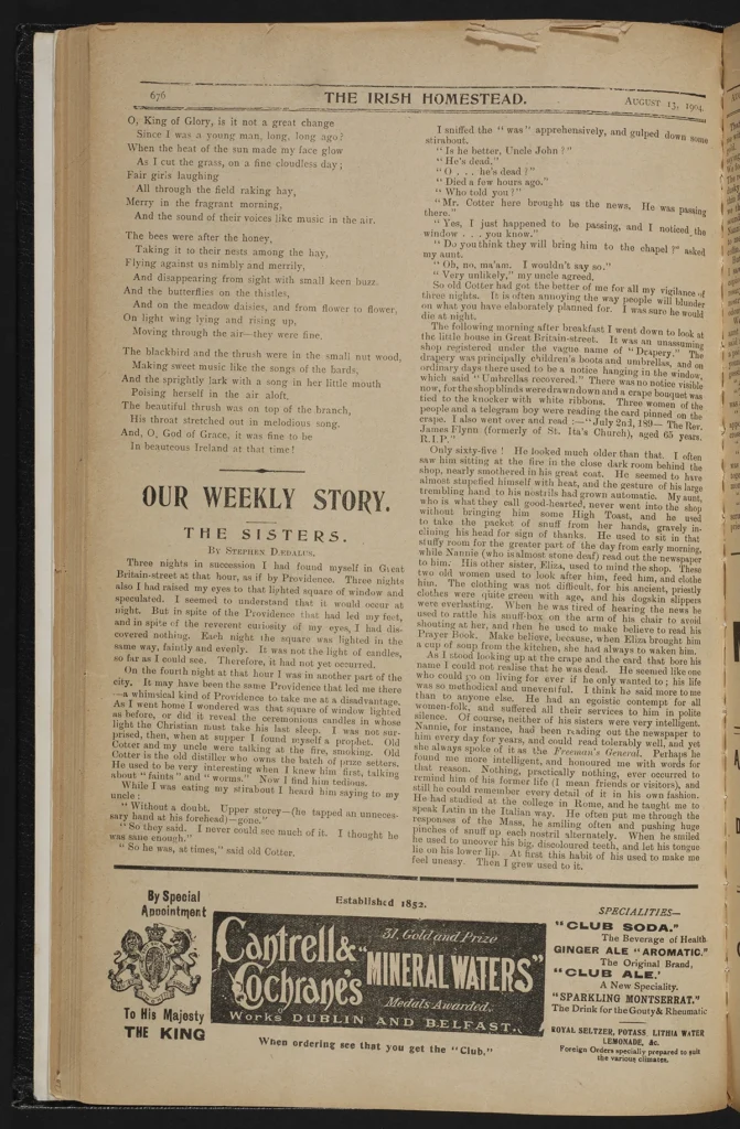 Prima versione di The Sisters, il racconto iniziale di Dubliners, pubblicato il 13 agosto 1904 sul settimanale dublinese “The Irish Homestead” con lo pseudonimo Stephen Dædalus > coll. National Library of Ireland, Dublin