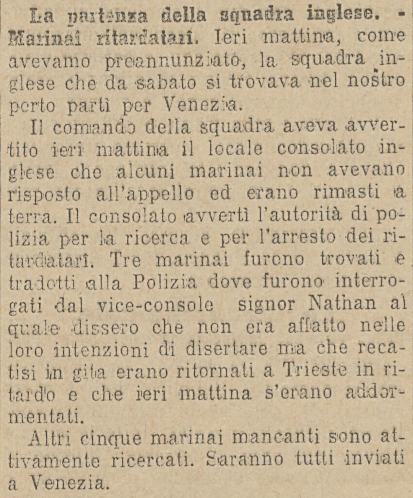 Trafiletto del quotidiano “Il Piccolo” del 21 ottobre, che racconta, senza nominarlo, l’episodio in cui Joyce è stato coinvolto il giorno precedente, quello del suo arrivo: arrestato assieme a tre marinai inglesi disertori e ubriachi per essersi offerto di far loro da interprete. > coll. BC Hortis