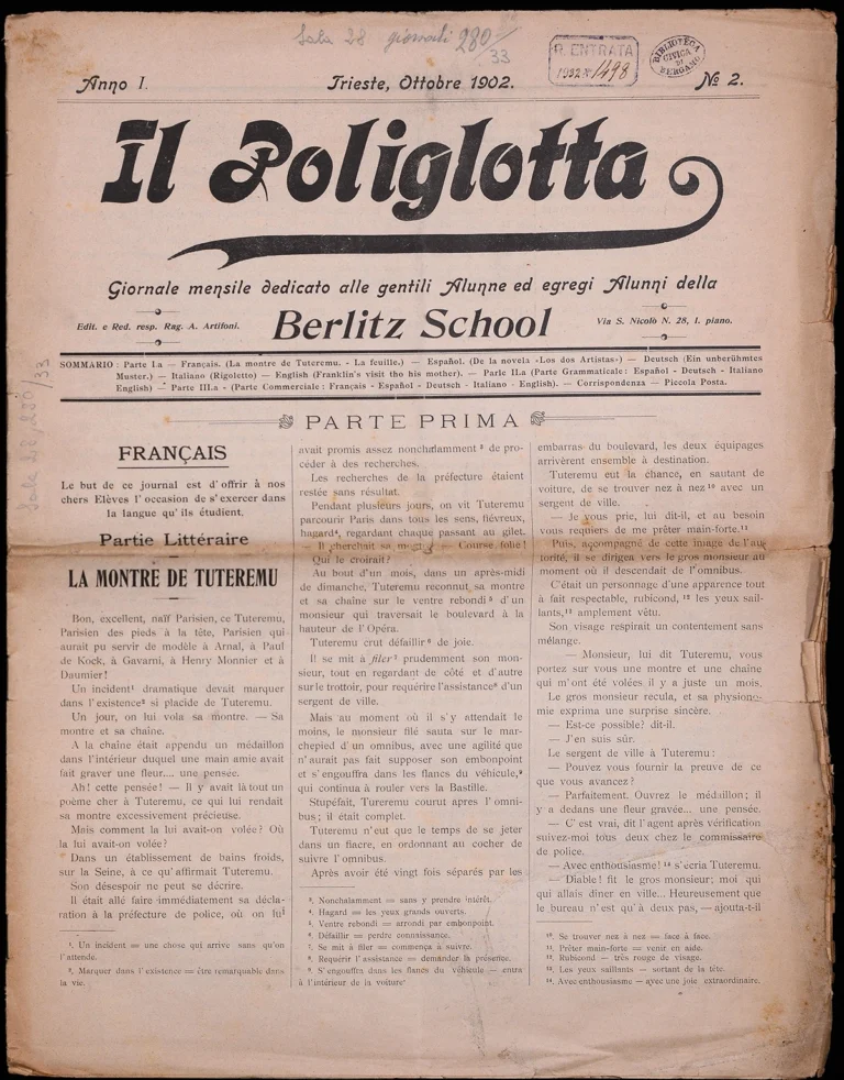 Il Poliglotta. Giornale mensile dedicato alle gentili Alunne ed egregi Alunni della Berlitz School”, anno I, n. 2, ottobre 1902, pagina 1 e 9. > gentile concessione Biblioteca civica Angelo Mai – Bergamo