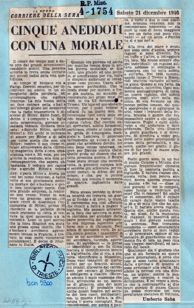 Umberto Saba, Cinque aneddoti con una morale, ritaglio di giornale dal "Corriere della sera" del 21 dicembre 1946 > coll. BC Hortis