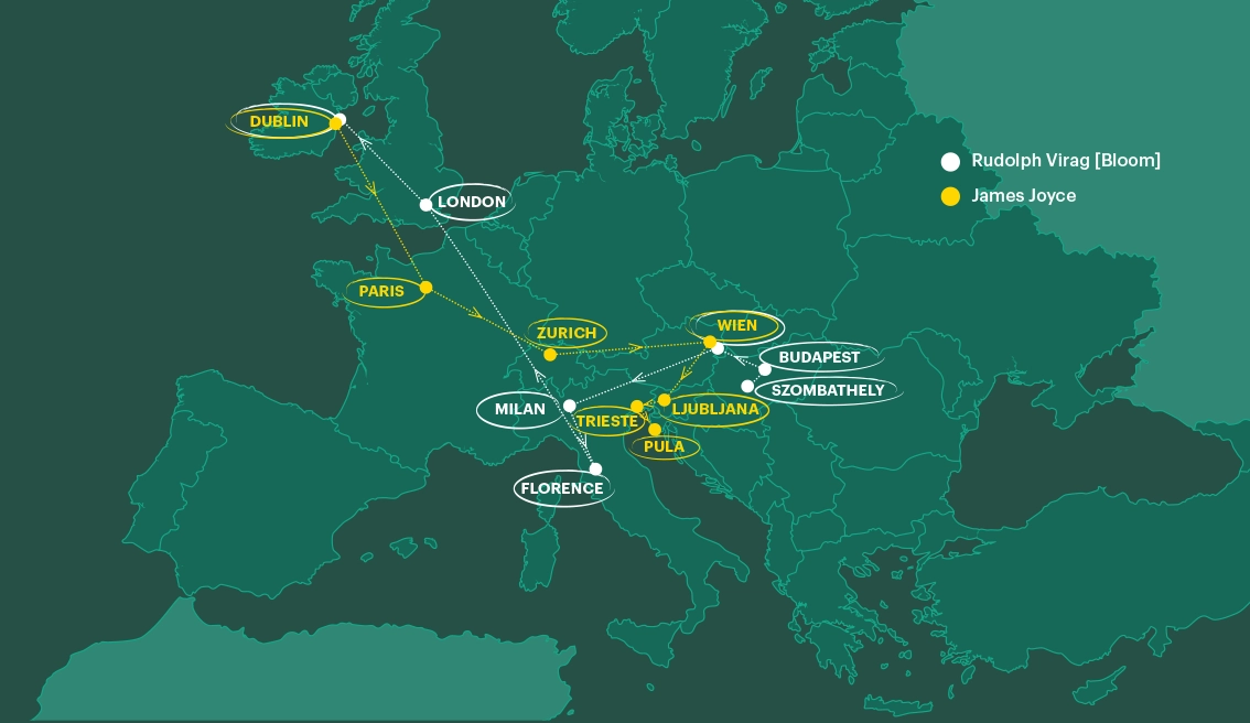 mappetta dell'Europa con le tappe dei viaggi di Rudolph Virag e James Joyce