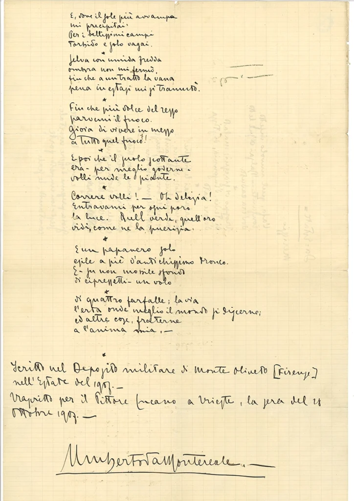 Umberto Saba, Meriggio, manoscritto autografo «Scritto nel Deposito militare di Monte Oliveto [Firenze] nell’estate del 1907 > coll. BC Hortis - Fondo Bice Polli