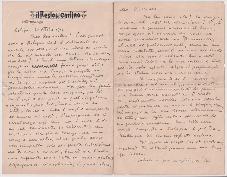 Lettera di Umberto Saba a Dionisio Romanellis, Bologna, 22 ottobre 1912 > coll. BC Hortis - Fondo Hortis