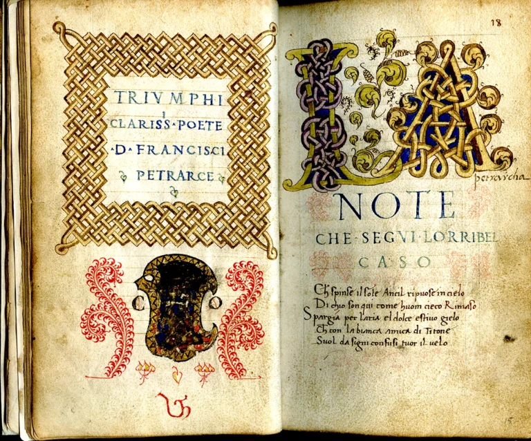 Francesco Petrarca, Trionfi; Canzoniere [scelta di rime], [Verona], 1460-1470 ca., cc. 17v-18r; trascrizioni e decorazioni di Felice Feliciano (Verona, 1433-1480 ca.) > coll. BC Hortis - Museo petrarchesco piccolomineo