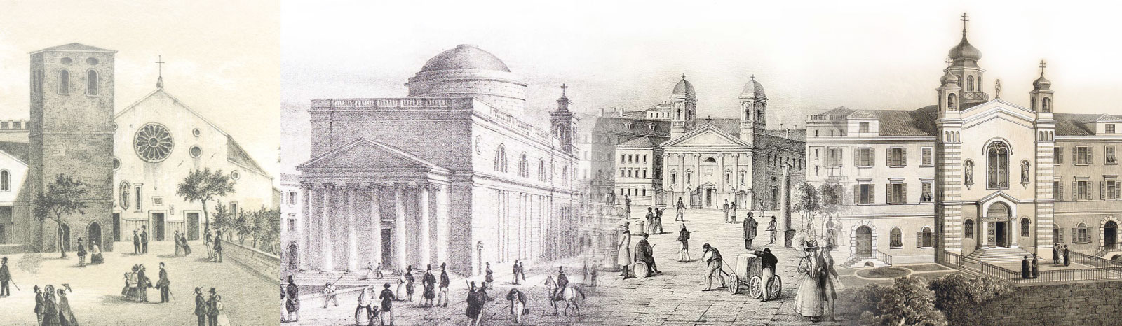 F. Faltus, Cattedrale di San Giusto, 1850 ca. / Nicolo Pertsch, Trieste, Nuovo tempio di Sant’Antonio Taumaturgo, 1830 ca. / G. Broili, N. Pertsch, Chiesa greca orientale [di San Nicolò], 1830 ca. / G. Bernardi, A. Rieger, G. Giuliuzzi, Facciata della chiesa dei Padri Mechitaristi in Trieste, 1859 ca. > coll. BC Hortis