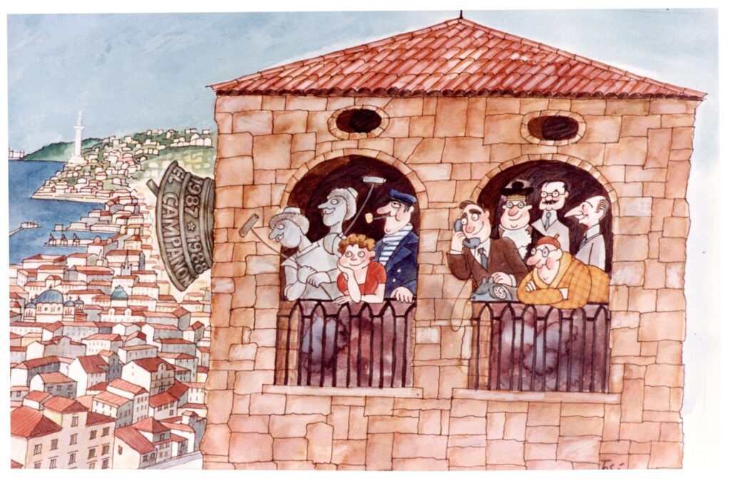Allegoria del Campanon 1987-1988 L’illustrazione raggruppa le caricature dei protagonisti di una edizione abbastanza tarda della trasmissione; nell’arco di sinistra, accanto alle fi gure di Micheze e Jacheze si riconoscono una giovane Ariella Reggio (Siora Nina) e Gianfranco Saletta (Bortolo). Sulla destra Ruggero Winter (Pronto, mama…?), Giampiero Biason (Processo alle parole) e Luciano Del Mestri (El Noneto). In secondo piano Carpinteri e Faraguna. Civico Museo Teatrale Carlo Schmidl; dono di Ariella Reggio