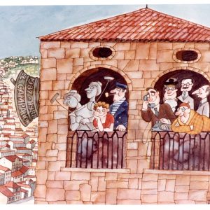 Allegoria del Campanon 1987-1988 L’illustrazione raggruppa le caricature dei protagonisti di una edizione abbastanza tarda della trasmissione; nell’arco di sinistra, accanto alle fi gure di Micheze e Jacheze si riconoscono una giovane Ariella Reggio (Siora Nina) e Gianfranco Saletta (Bortolo). Sulla destra Ruggero Winter (Pronto, mama…?), Giampiero Biason (Processo alle parole) e Luciano Del Mestri (El Noneto). In secondo piano Carpinteri e Faraguna. Civico Museo Teatrale Carlo Schmidl; dono di Ariella Reggio
