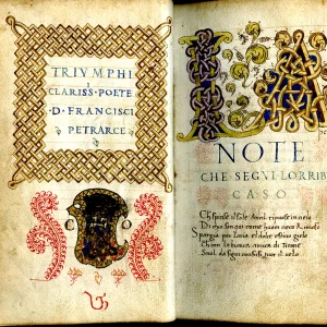 Francesco Petrarca, Trionfi; Canzoniere [scelta di rime], [Verona], 1460-1470 ca., cc. 17v-18r; trascrizioni e decorazioni di Felice Feliciano (Verona, 1433-1480 ca.) > coll. BC Hortis - Museo petrarchesco piccolomineo